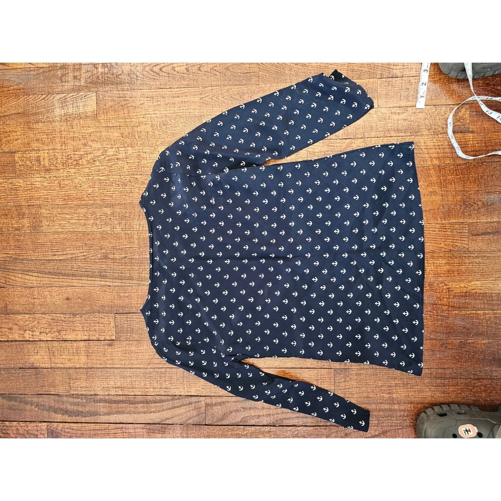 J.Crew Navy Ancor Print 100% Silk 3/4 Sleeve Lightweight Cottagecore Blouse sz00 - Picture 7 of 7